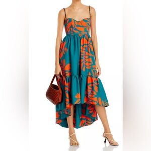 Andres Otalora cotton hi low dress.  Vibrant green with orange & fuchsia. Size 4